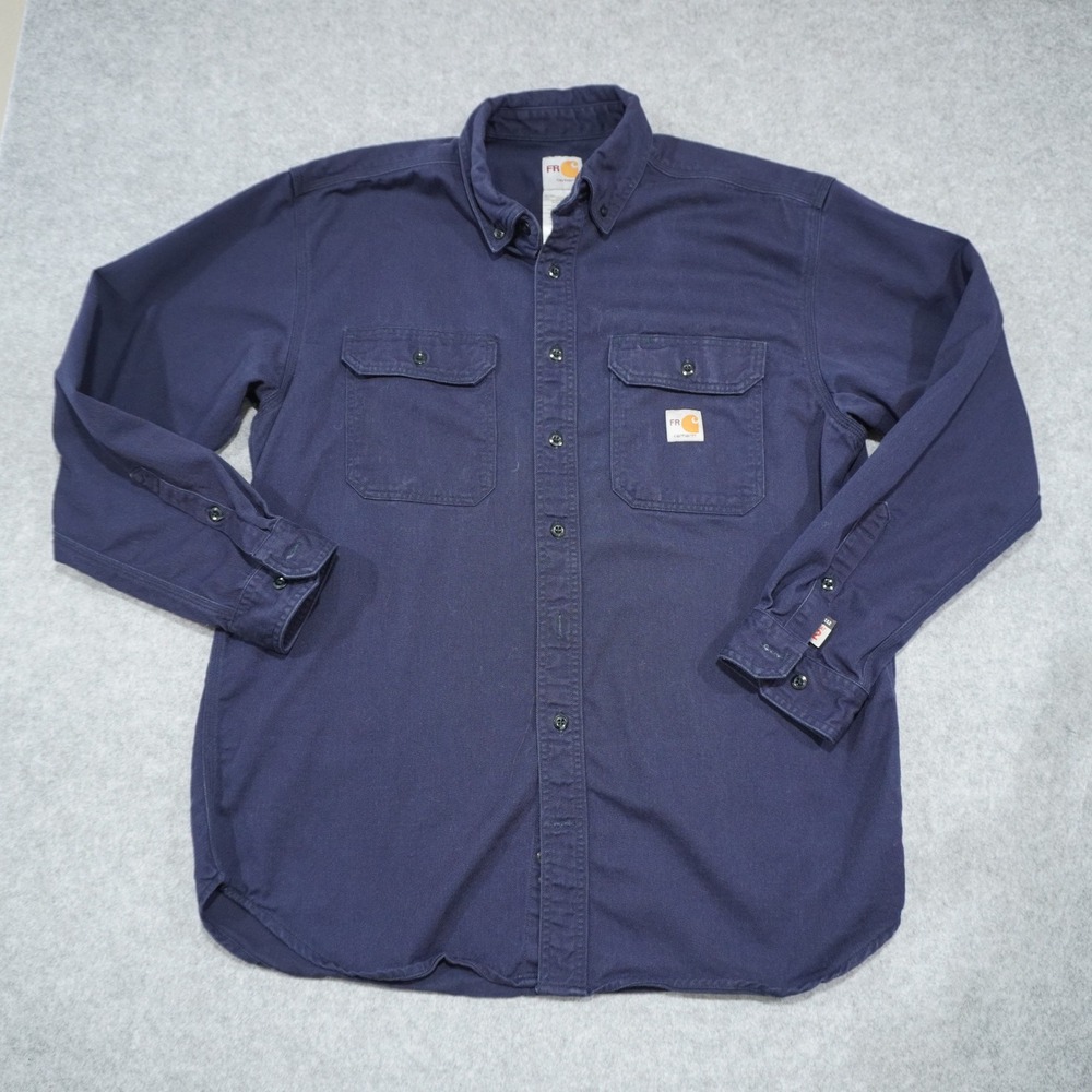 Carhartt FR Flame Resistant Men's Size Large Work Shirt Navy Blue Workwear Gear